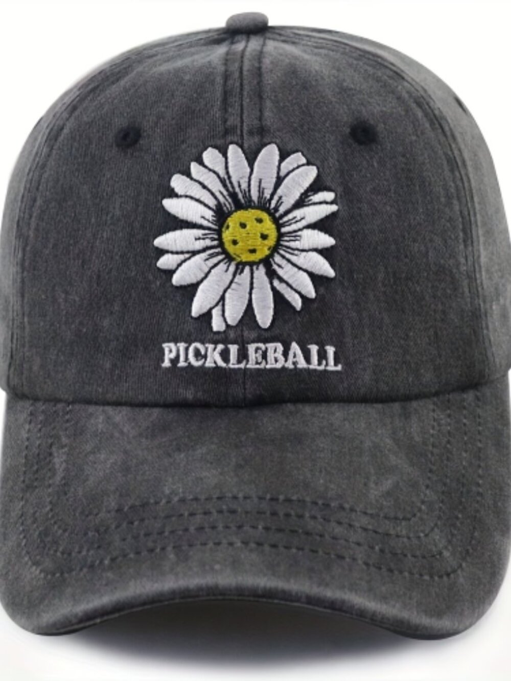 Black Pickleball Hat for Women, Funny Adjustable Cotton Embroidered Daisy Pickle
